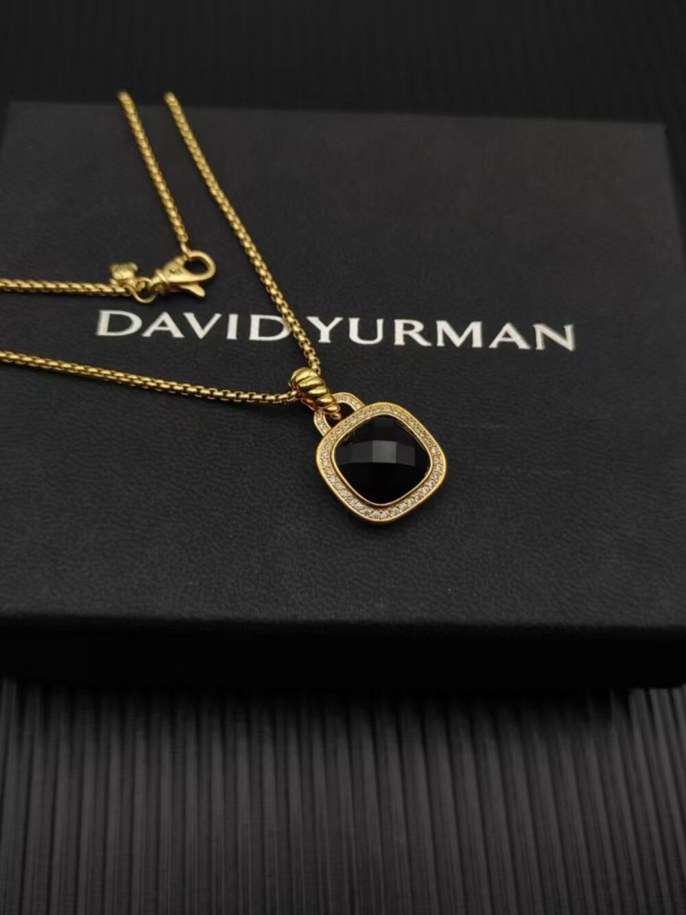 🎈David Yurman Gold Black Diamond Center Stone Square-cut Necklace